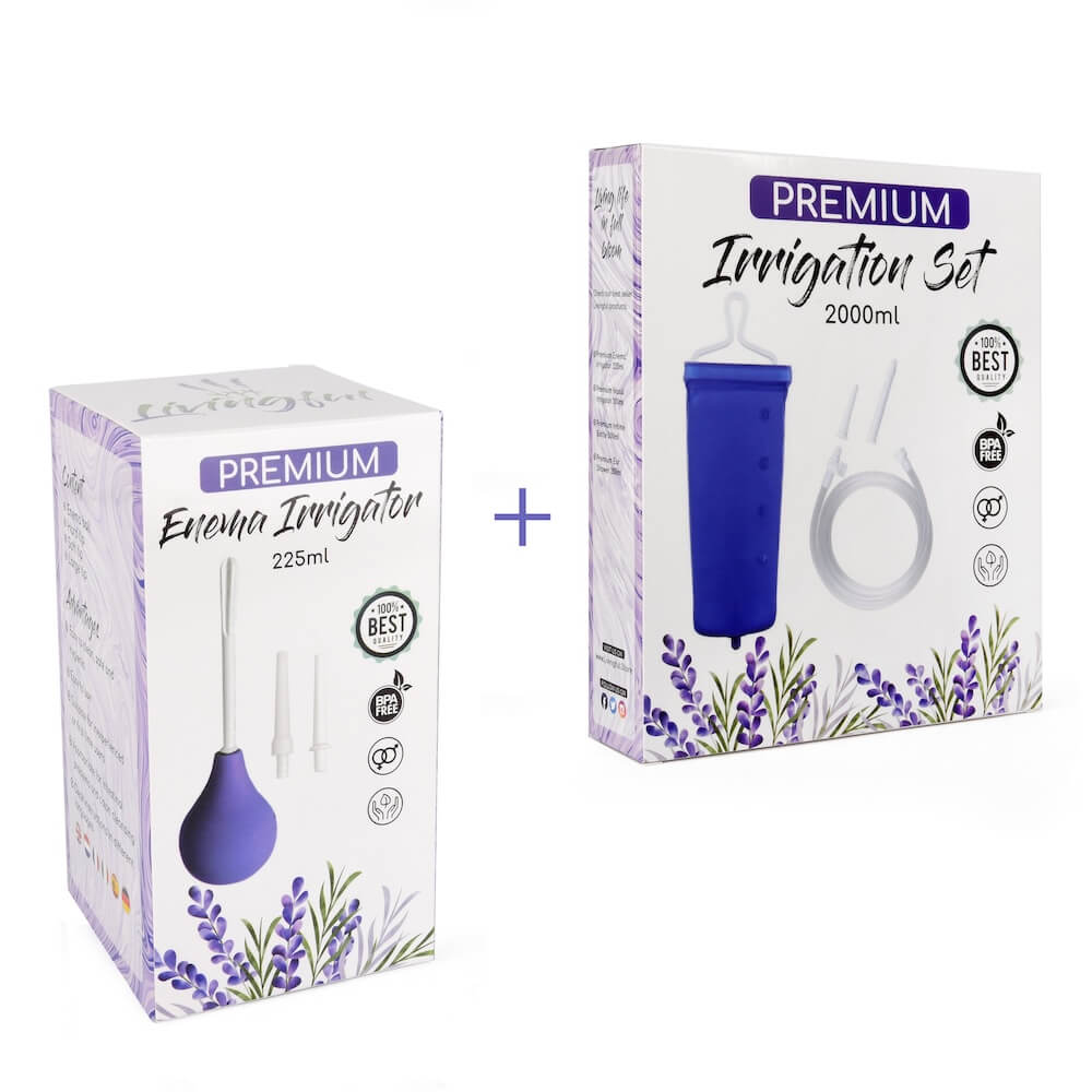 A Livingful Premium Enema Home Set Bundle bundled with a blue and purple box next to it.