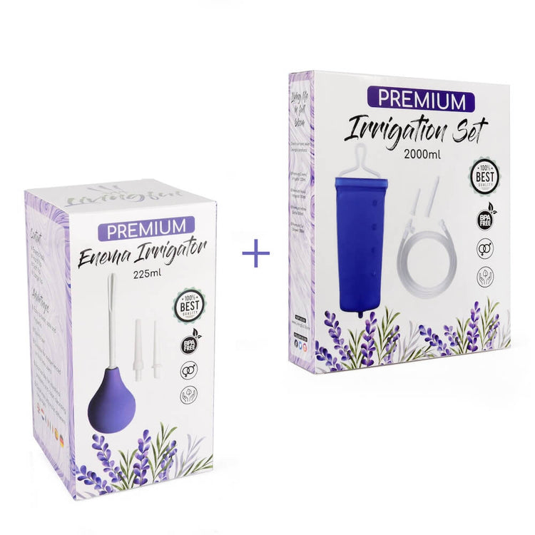 A Livingful Premium Enema Home Set Bundle bundled with a blue and purple box next to it.