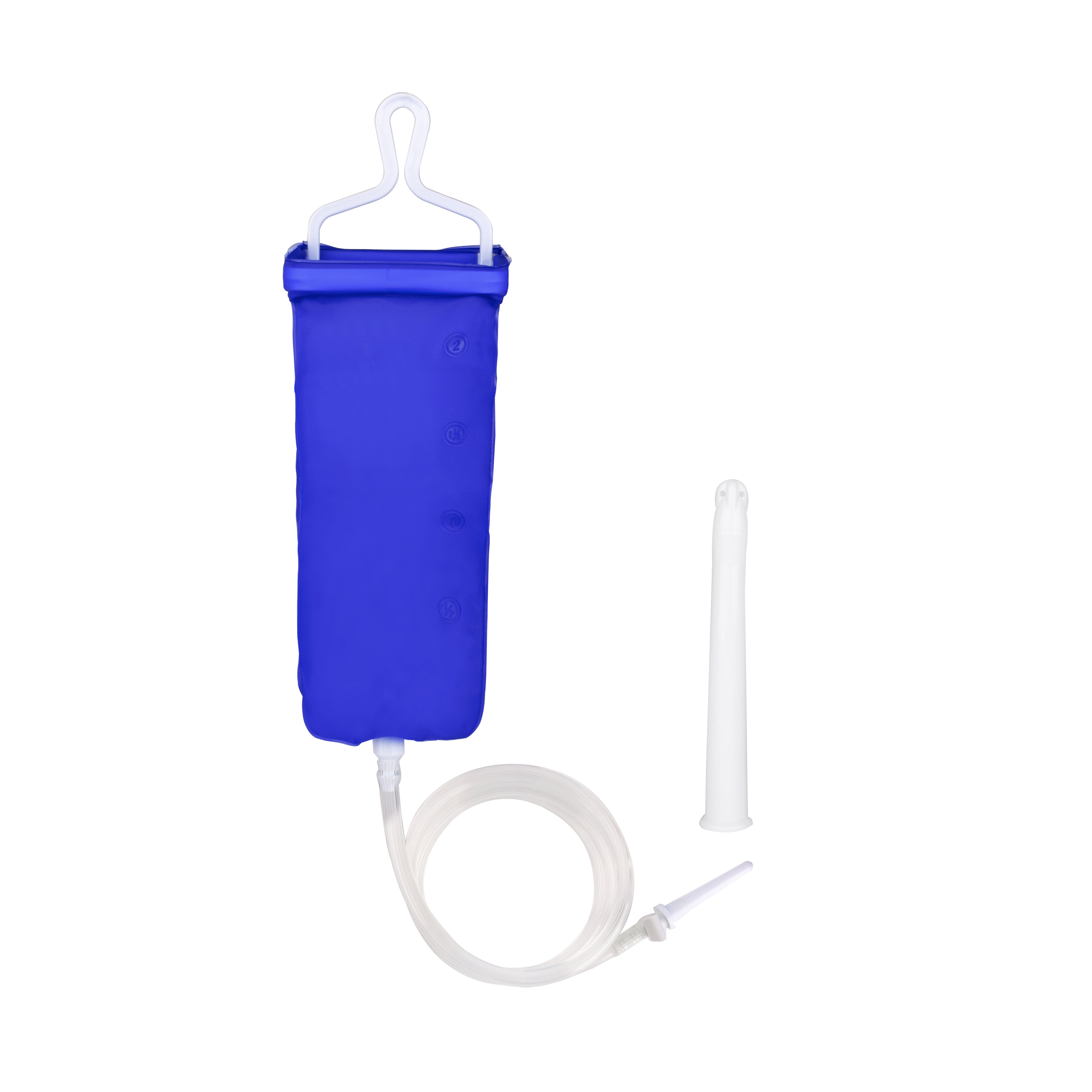 A Premium Enema Home Set Bundle, part of a Livingful enema bundle, made of blue plastic and equipped with a white hose attached to it.