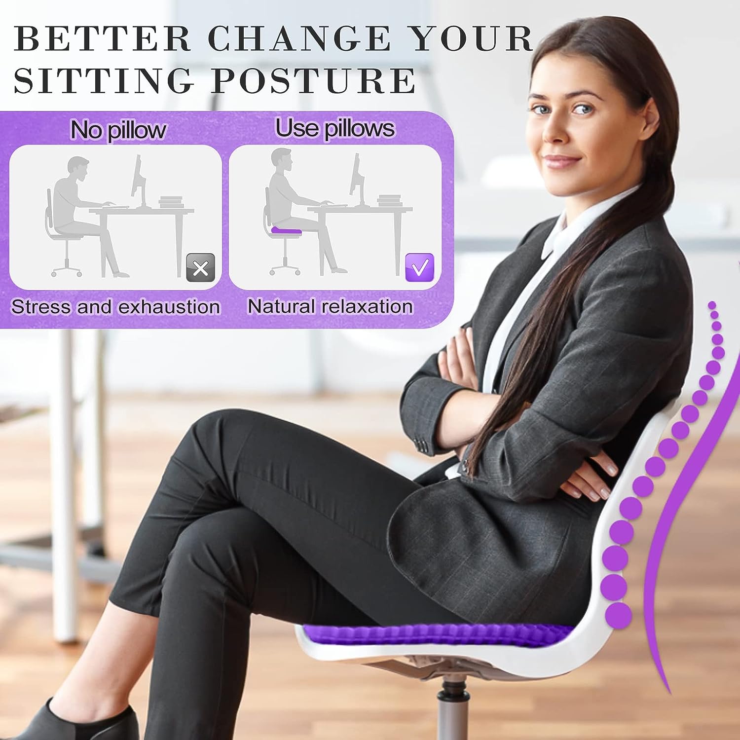 A woman sitting in a chair with a Livingful Premium Gel Seat Pad Cushion, improving her sitting posture.