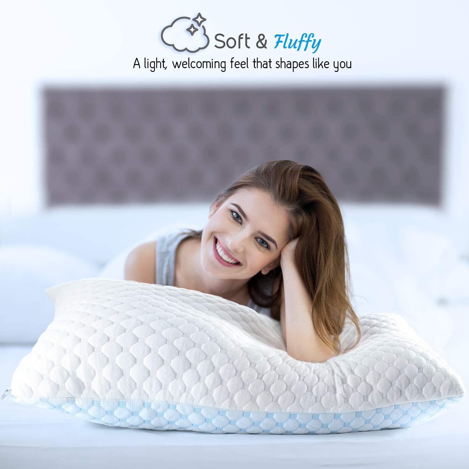 A woman laying on a bed with a Livingful Premium Cooling Bed Pillow.