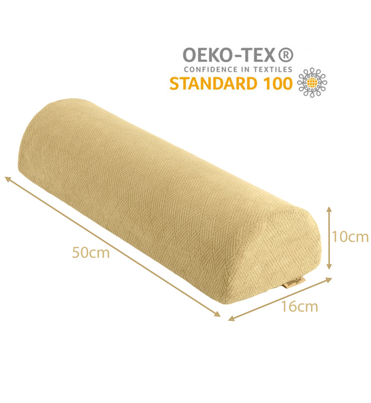The Livingful Premium Wedge Reading Pillow is a half-cylinder back support cushion measuring 50cm in length, 16cm in width, and 10cm in height with an Oeko-Tex Standard 100 certification.