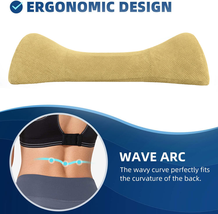 A yellow Premium Wedge Reading Pillow from Livingful, shown fitting the curvature of a back. Text reads "Wave Arc - The wavy curve perfectly fits the curvature of the back with adjustable memory foam for personalized comfort.