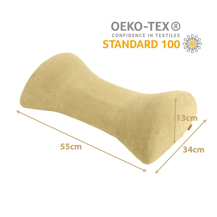 The Livingful Premium Wedge Reading Pillow is a beige triangular wedge pillow with dimensions of 55 cm in length, 34 cm in width, and 13 cm in height. It is Oeko-Tex Standard 100 certified and offers excellent back support with adjustable memory foam.