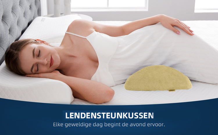 A woman in a white dress sleeps on her side with a Livingful Premium Wedge Reading Pillow placed under her. Text at the bottom reads, "LENDENSTEUNKUSSEN Elke geweldige dag begint de avond ervoor.