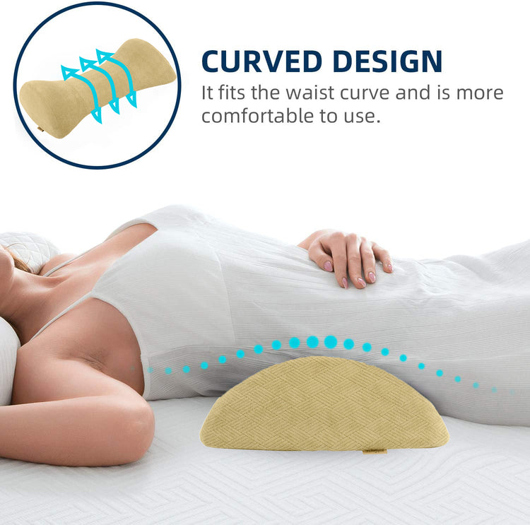 A person lying on their side with the Livingful Premium Wedge Reading Pillow under their waist, demonstrating its ergonomic design and adjustable memory foam for better comfort and support.