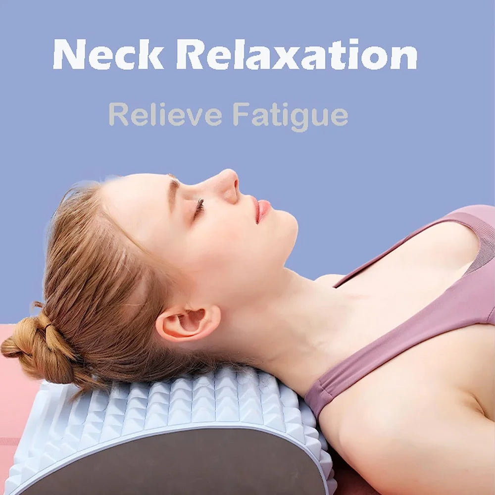 A person rests their head on the MQQWQQ Neck & Back Stretcher, with the text "Neck Relaxation: Relieve Fatigue & Promote Spine Health" displayed above.