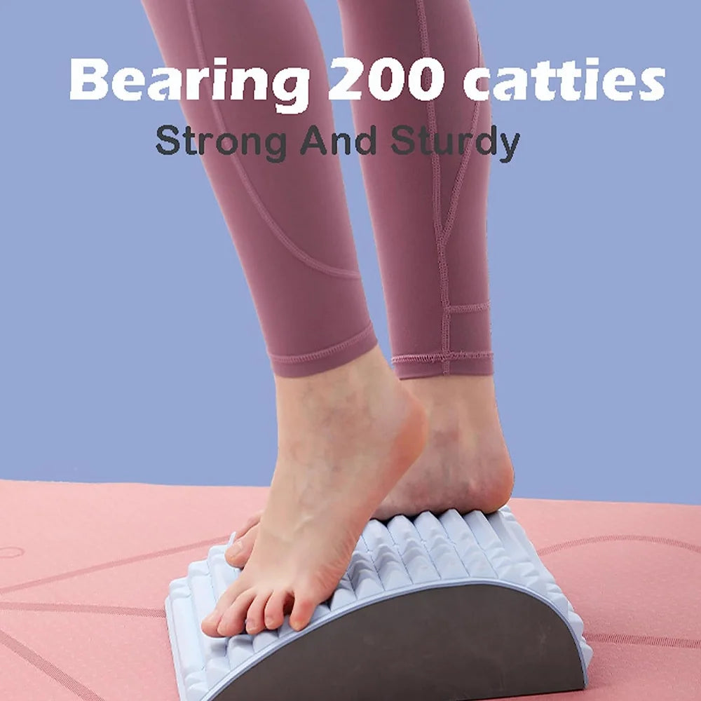 Close-up view of feet standing on a textured foam block with text overlay reading "Bearing 200 catties, Strong and Sturdy." The MQQWQQ Neck & Back Stretcher is perfect for spine health and lower back pain relief.