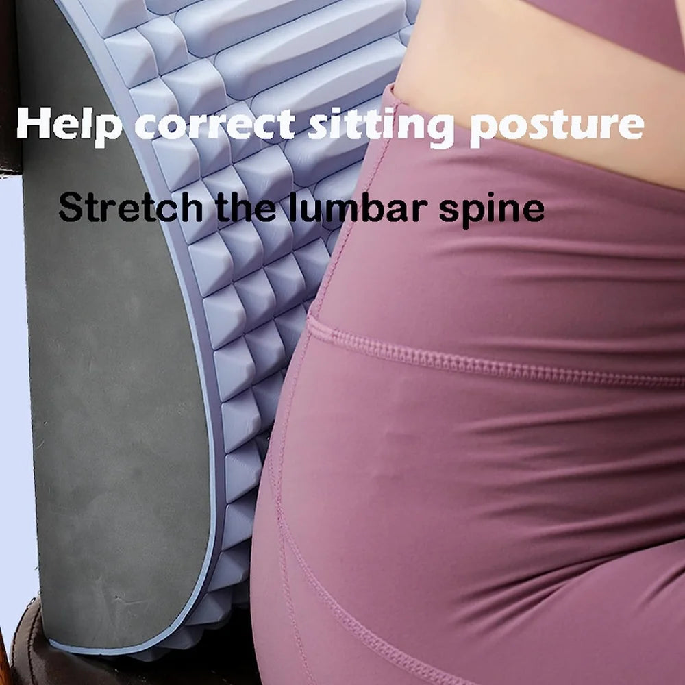 A person in activewear uses the MQQWQQ Neck & Back Stretcher, a textured foam device promoting spine health with the text "Help correct sitting posture" and "Stretch the lumbar spine" visible on the product.