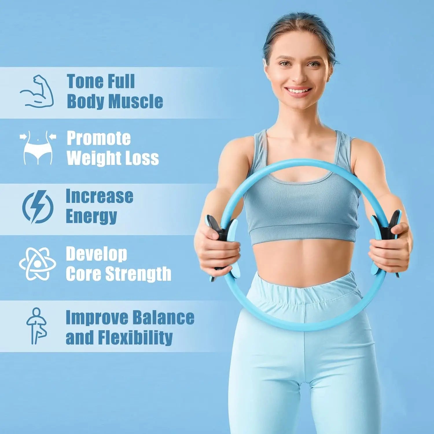 An individual dressed in athletic wear holds the INGPENG Yoga Fitness Pilates Ring, showcasing advantages like muscle toning, weight loss, increased energy, enhanced core strength, and improved balance. Ideal for anyone integrating strength training into their fitness regimen.