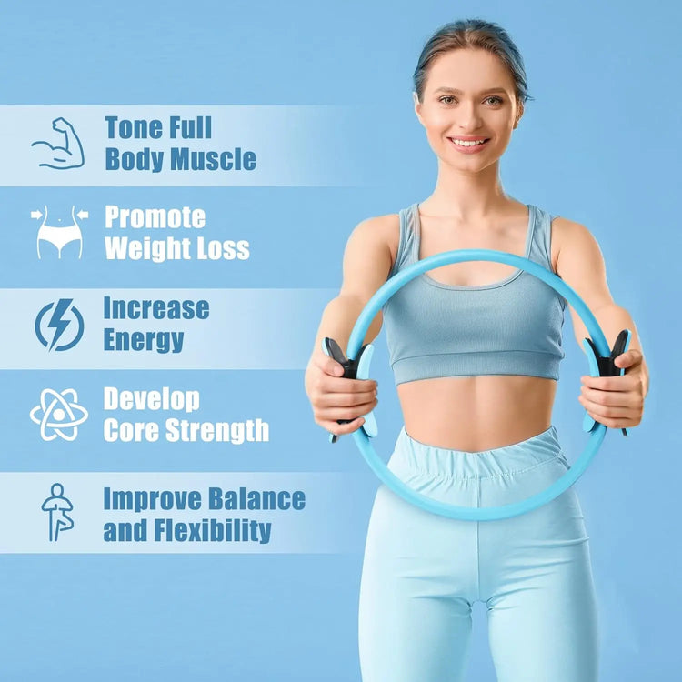 An individual dressed in athletic wear holds the INGPENG Yoga Fitness Pilates Ring, showcasing advantages like muscle toning, weight loss, increased energy, enhanced core strength, and improved balance. Ideal for anyone integrating strength training into their fitness regimen.