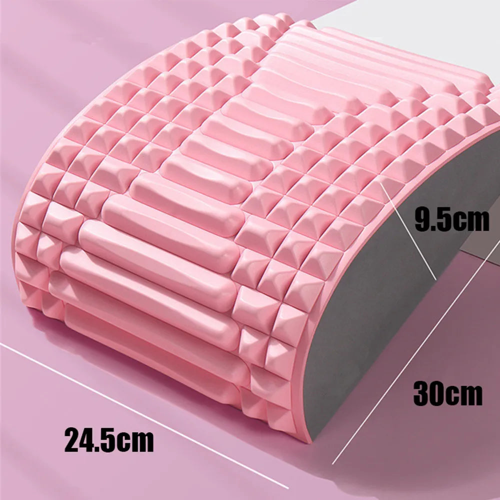 The MQQWQQ Neck & Back Stretcher is a pink textured foam cushion tailored for optimal spine health, featuring dimensions of 9.5 cm in height, 24.5 cm in width, and 30 cm in length. Ideal for alleviating lower back pain, it is showcased against a pink background.