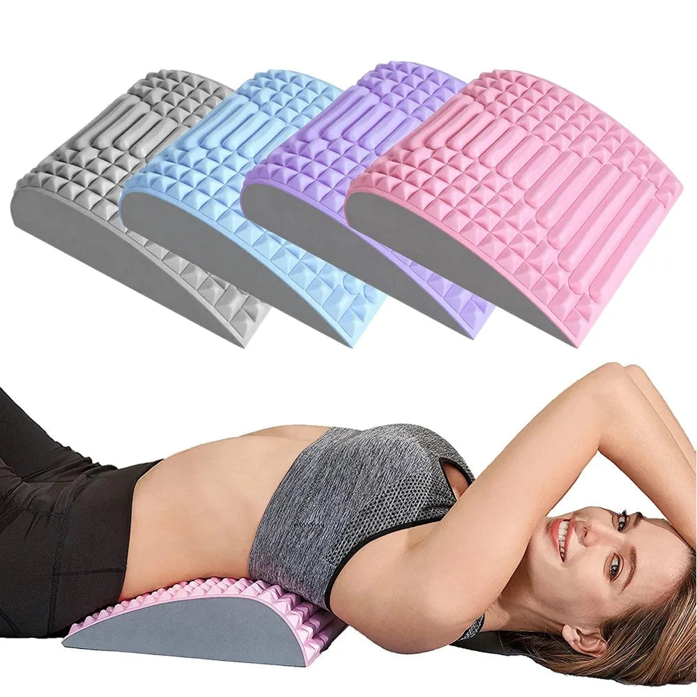 A woman lies on her back using a pink MQQWQQ Neck & Back Stretcher. Above her, four MQQWQQ Neck & Back Stretchers in varying colors—gray, blue, purple, and pink—are displayed to promote spine health and lower back pain relief.