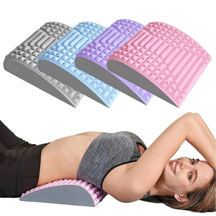 A woman lies on her back using a pink MQQWQQ Neck & Back Stretcher. Above her, four MQQWQQ Neck & Back Stretchers in varying colors—gray, blue, purple, and pink—are displayed to promote spine health and lower back pain relief.