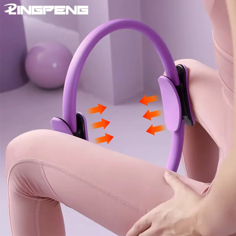 A person using the Yoga Fitness Pilates Ring in purple by INGPENG between their knees demonstrates leg exercises to improve posture. Arrows indicate the direction of pressure, showcasing the effectiveness of this thigh exerciser.