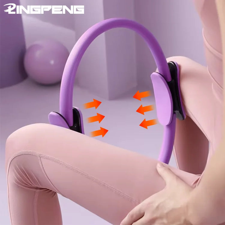 A person using the Yoga Fitness Pilates Ring in purple by INGPENG between their knees demonstrates leg exercises to improve posture. Arrows indicate the direction of pressure, showcasing the effectiveness of this thigh exerciser.
