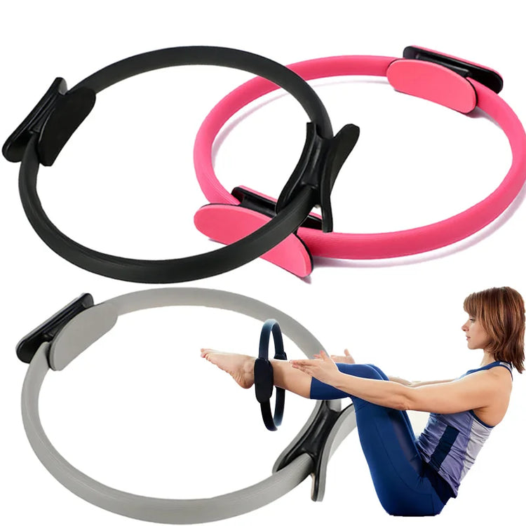 A woman demonstrates a strength training leg workout using the black INGPENG Yoga Fitness Pilates Ring from the set available in black, pink, and gray. Ideal for thigh exerciser routines.