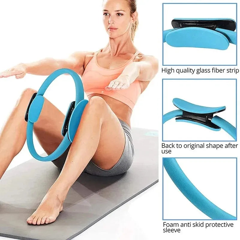 Using the INGPENG Yoga Fitness Pilates Ring on a yoga mat, an individual enhances their posture. Insets emphasize the ring's glass fiber strip, shape retention, and its foam protective sleeve.