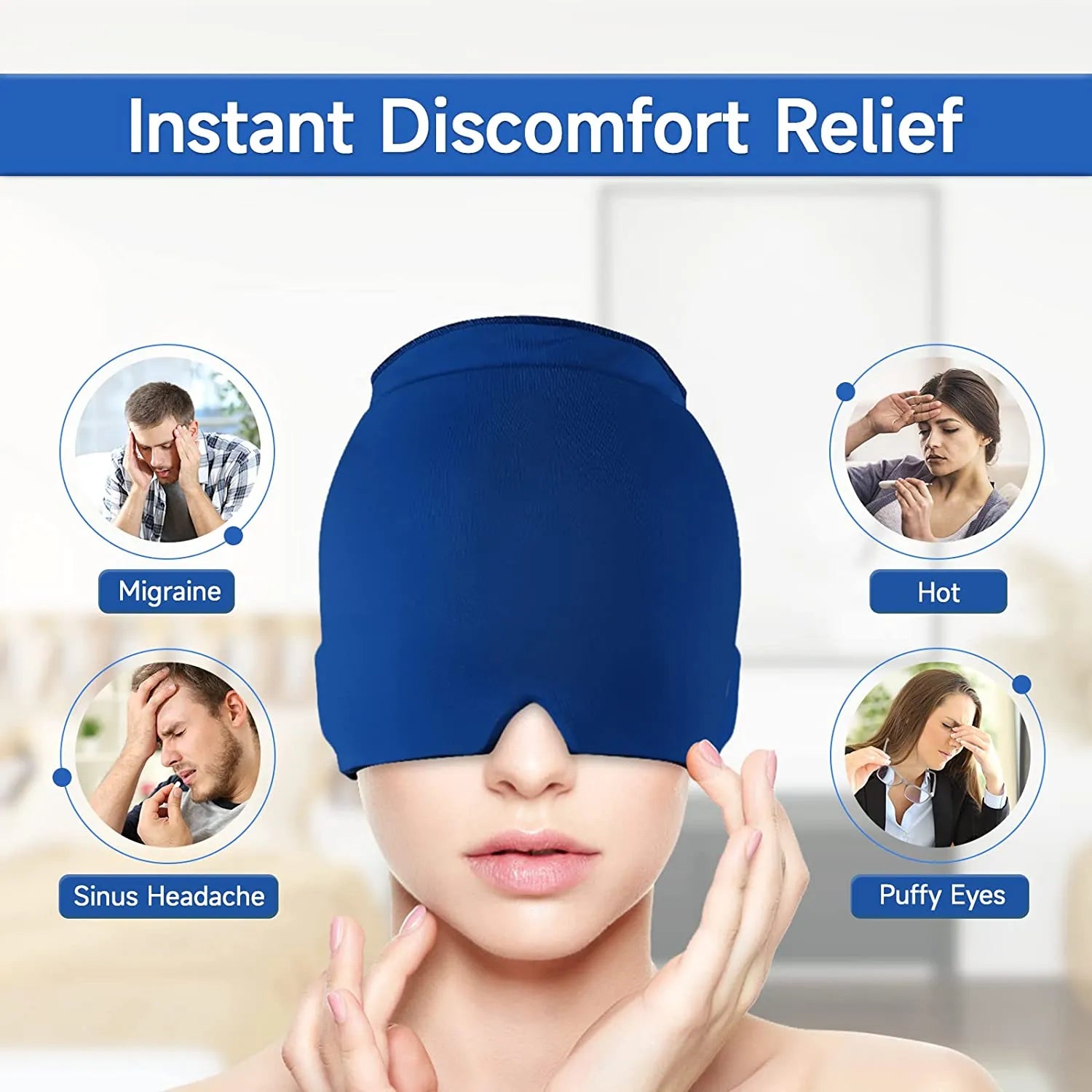 A person dons the KWD1 Headache & Migraine Relief Cap, which is marketed for instant migraine relief, sinus headache relief, heat alleviation, and puffy eyes reduction. Four related images illustrating these conditions surround the main figure. The Relief Cap serves as a cold compress to effectively alleviate headaches.