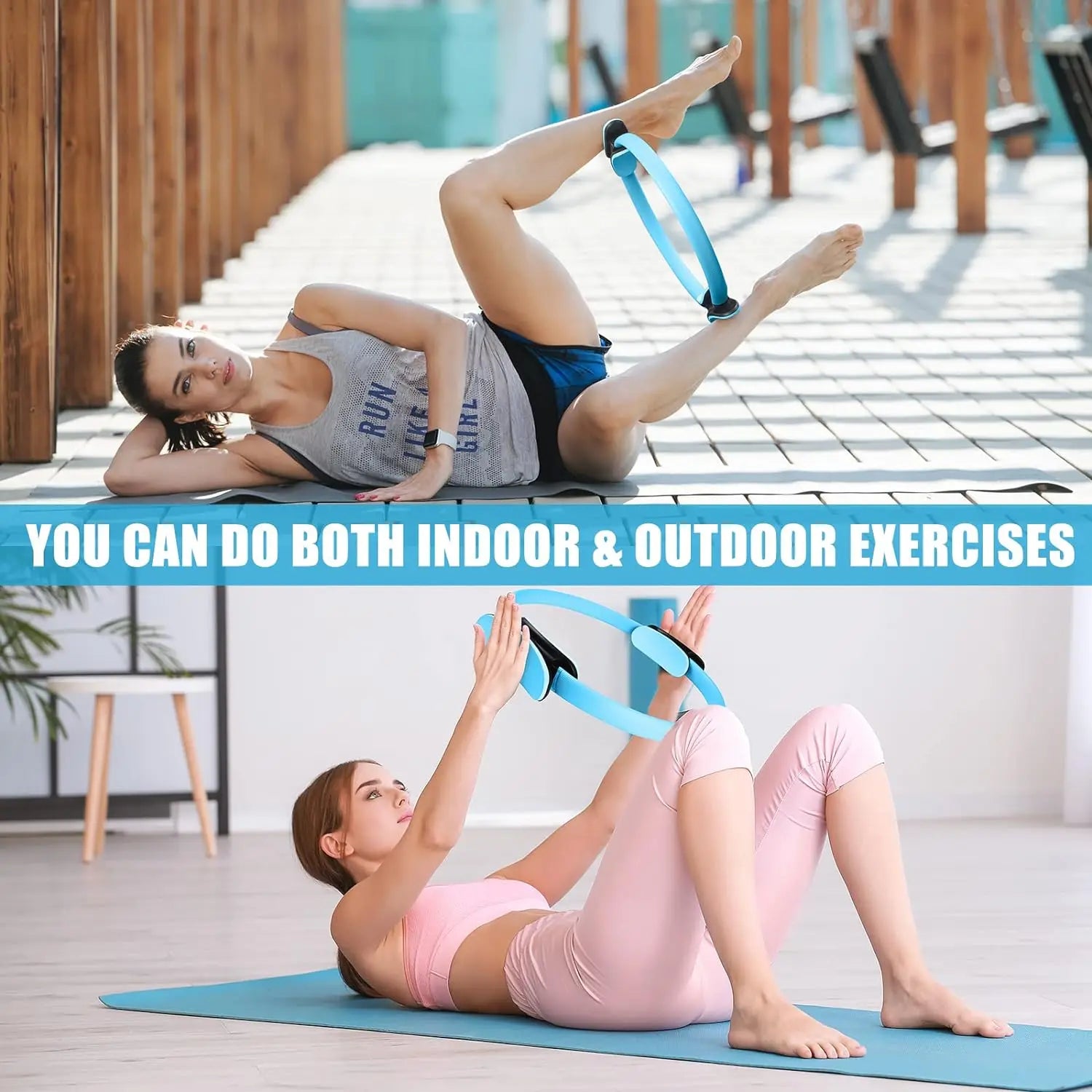Two women demonstrate Pilates exercises using the INGPENG Yoga Fitness Pilates Ring, highlighting how effortlessly you can move between indoor and outdoor workouts. Discover the versatility of this Pilates ring as it elevates your strength training routine and serves as an efficient thigh exerciser.