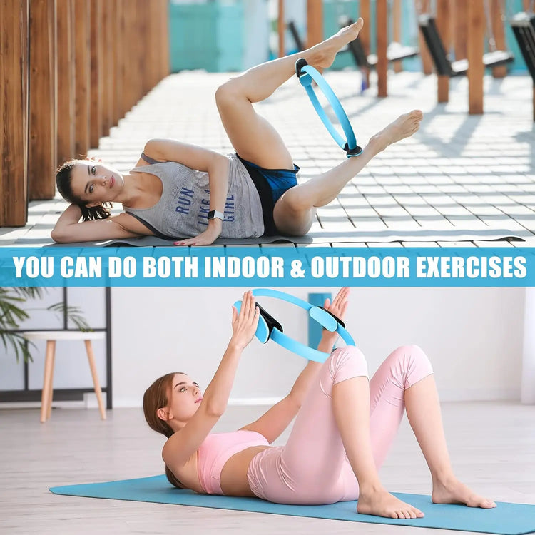 Two women demonstrate Pilates exercises using the INGPENG Yoga Fitness Pilates Ring, highlighting how effortlessly you can move between indoor and outdoor workouts. Discover the versatility of this Pilates ring as it elevates your strength training routine and serves as an efficient thigh exerciser.