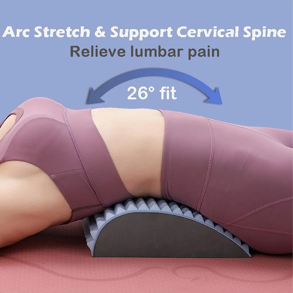 Person in exercise attire using a MQQWQQ Neck & Back Stretcher to relieve lower back pain, demonstrating a 26-degree arc fit for optimal spine health.