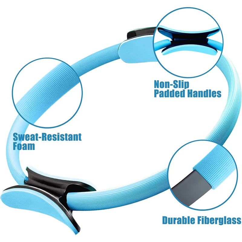 The Yoga Fitness Pilates Ring by INGPENG comes in blue and includes non-slip padded handles, sweat-resistant foam, and durable fiberglass construction, making it ideal for strength training and an effective thigh exerciser.