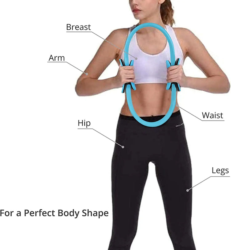 A person holds an INGPENG Yoga Fitness Pilates Ring with labeled areas highlighting the breast, arm, hip, waist, legs, and thighs. Text reads, "For a Perfect Body Shape and Posture Improvement.