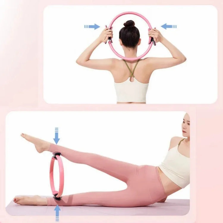 A woman demonstrates strength training with the INGPENG Yoga Fitness Pilates Ring, incorporating it into her arm and leg workouts on a yoga mat.