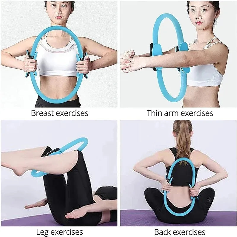 Individuals showcasing exercise techniques using the Yoga Fitness Pilates Ring by INGPENG in blue, focusing on improving posture through breast, arm, leg, and back exercises across four distinct images.
