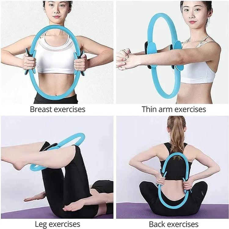 Individuals showcasing exercise techniques using the Yoga Fitness Pilates Ring by INGPENG in blue, focusing on improving posture through breast, arm, leg, and back exercises across four distinct images.