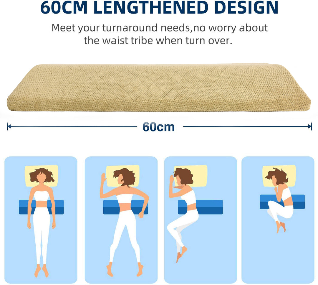 Diagram illustrating the different sleeping positions of a person on a Premium Wedge Reading Pillow with the text "60CM LENGTHENED DESIGN" and "Meets your turnaround needs, no worries about waist discomfort when turning over." Features adjustable memory foam for optimal back support.