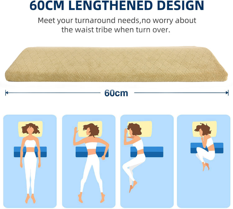 Diagram illustrating the different sleeping positions of a person on a Premium Wedge Reading Pillow with the text "60CM LENGTHENED DESIGN" and "Meets your turnaround needs, no worries about waist discomfort when turning over." Features adjustable memory foam for optimal back support.