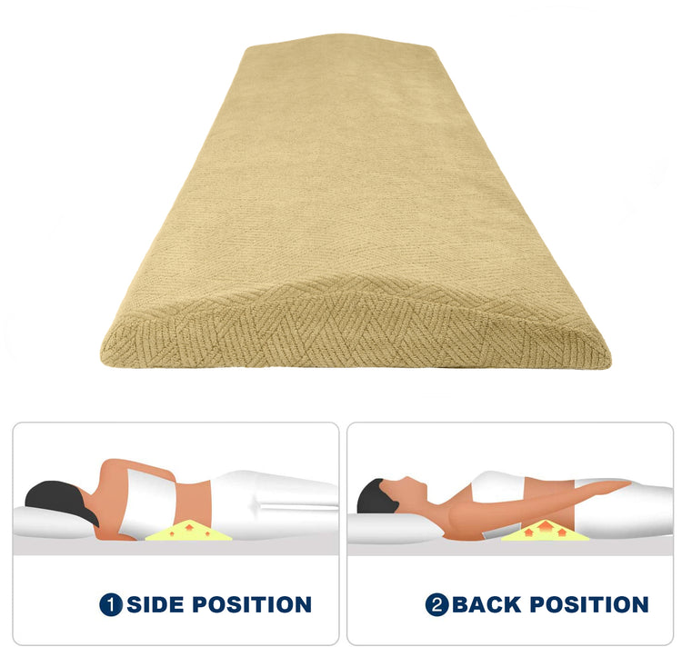 The Premium Wedge Reading Pillow by Livingful is displayed in beige fabric with adjustable memory foam. Accompanying illustrations show its use for both side and back sleeping positions, ensuring optimal back support for enhanced comfort.