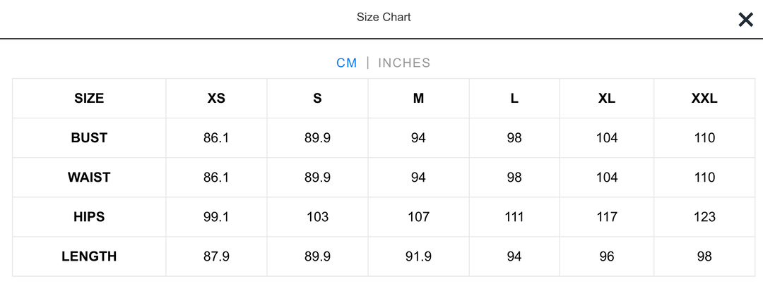 A screenshot of the men's size chart for Livingful's Premium Silk Nightgown made from mulberry silk.