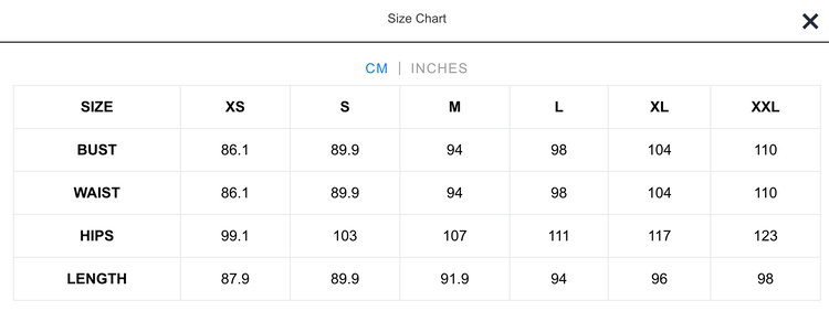A screenshot of the men's size chart for Livingful's Premium Silk Nightgown made from mulberry silk.